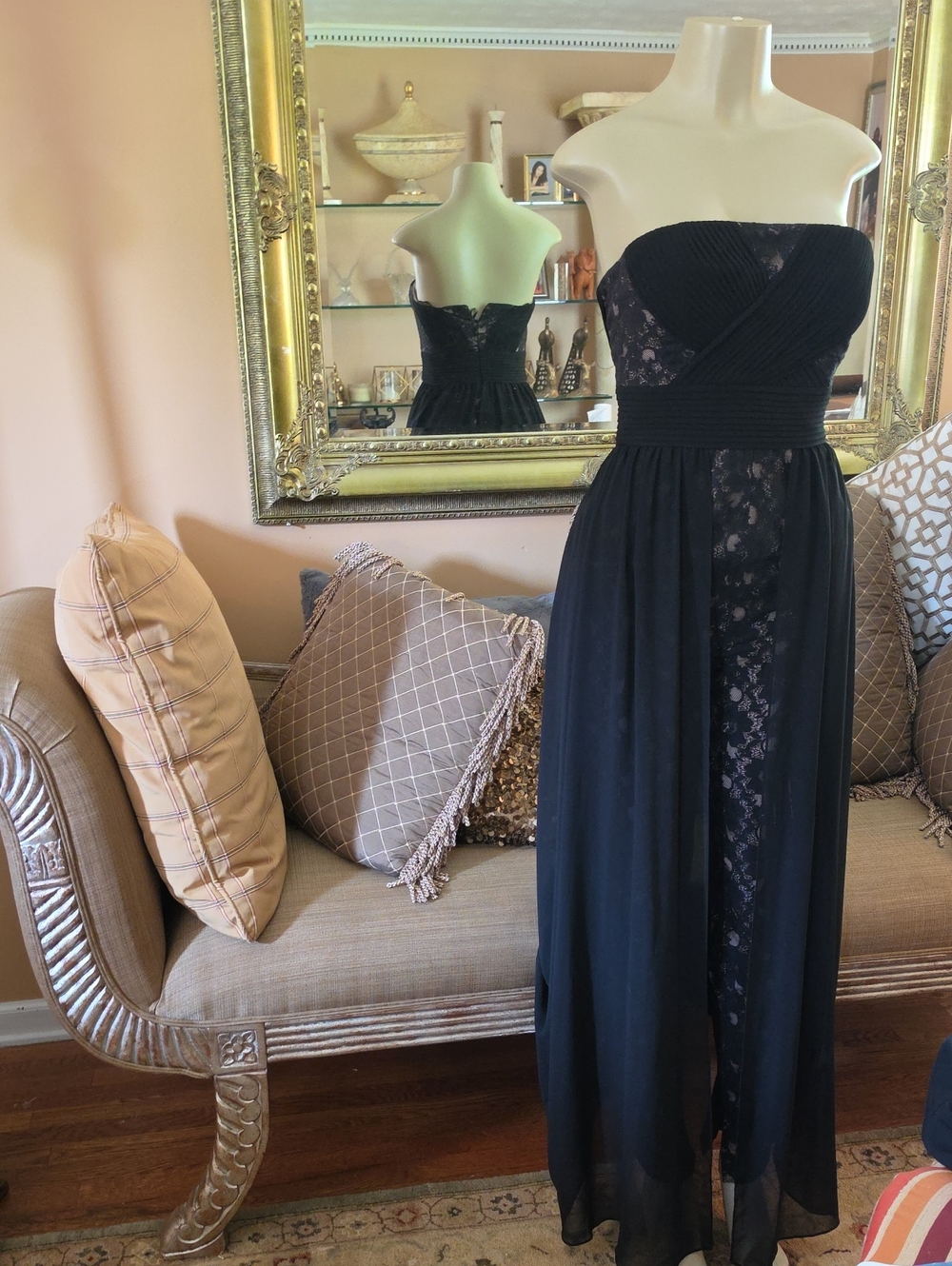 Strapless Black Lace Overlay Evening Jumpsuit. Fully Lined.